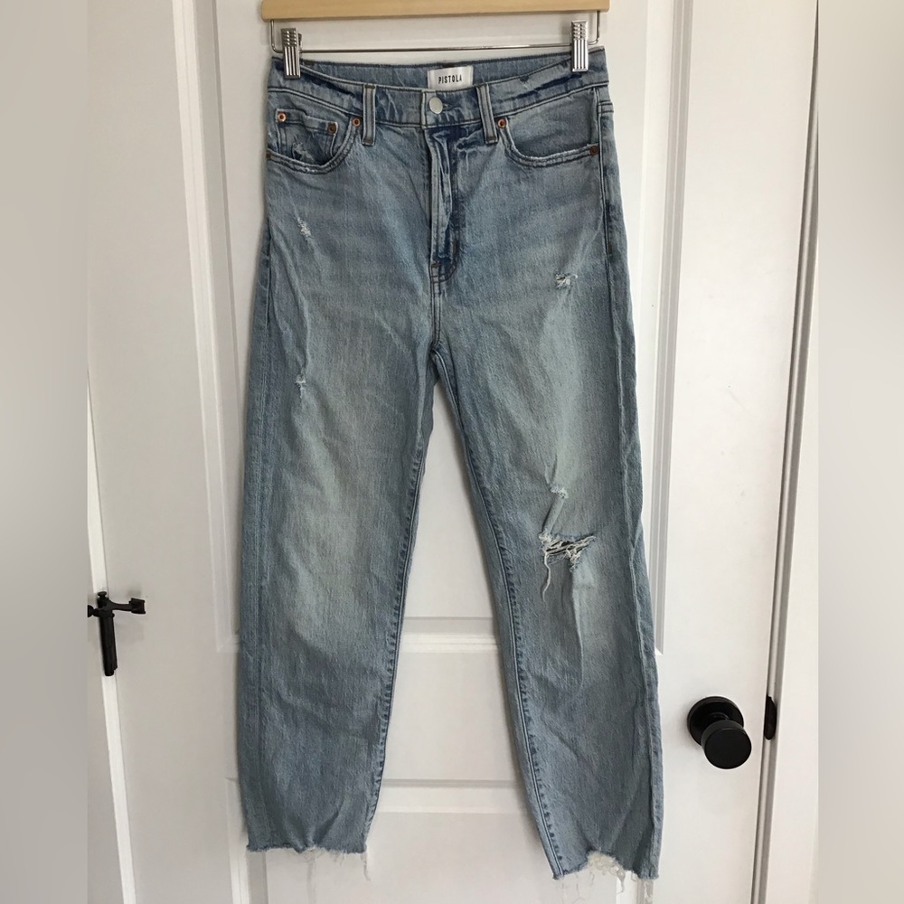 Pistola Women's Blue Light‎ Wash Mid Rise Distressed Raw Hem Ankle Jeans 26